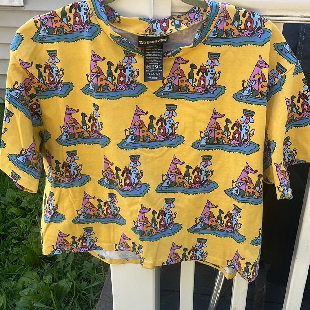 NOOWORKS XXL Yellow Molly Dog Party Knit T-Shirt Rare Print Funky Festival Artsy
